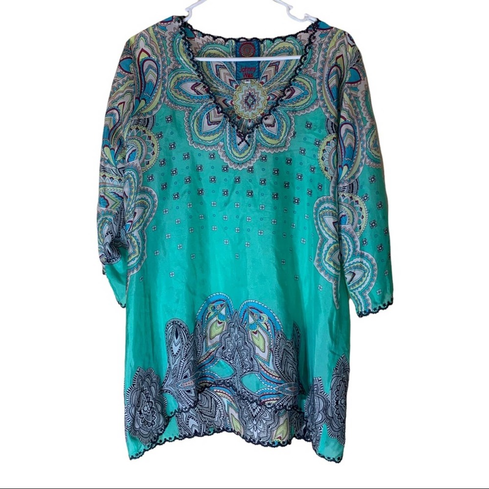 Johnny Was Silk High Low Hem Mint Green Tunic Size M